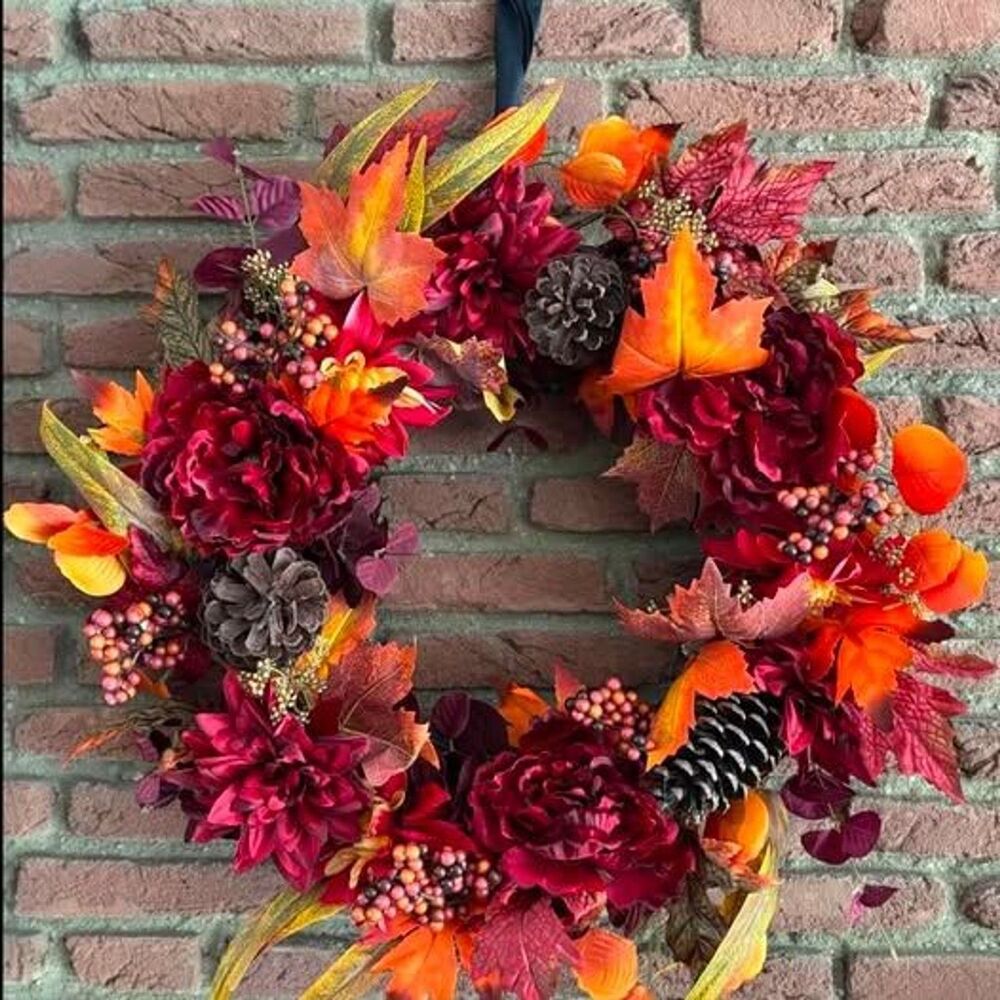 Door Wreath Autumn Dahlia, maple leaves and pinecone BURGUNDY RED ORANGE FLOWERS